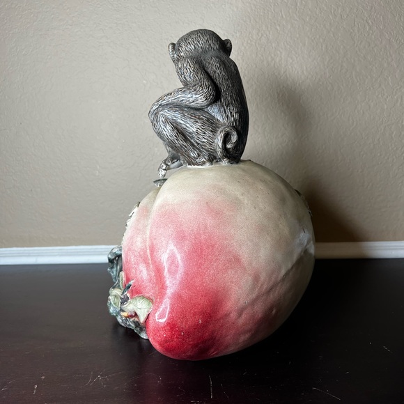Vintage MCM Large Longevity Peach Ceramic Sculpture w Monkey Seated on Top - Picture 6 of 10